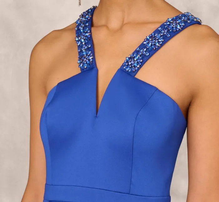 Adrianna Papell Formal Dresses VNeck Mikado Gown With Jewel Beaded Straps In Royal Sapphire 8211 Women