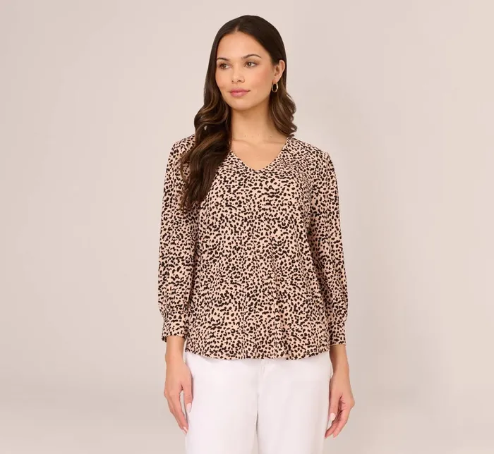 Adrianna Papell Tops and Blouses Printed V Neck Top With Cuffed Three Quarter Sleeves In Tan Shadow Leopard 8211 Women Adrianna Papell Tops and Blouses Printed V Neck Top With Cuffed Three Quarter Sleeves In Tan Shadow Leopard 8211 Women