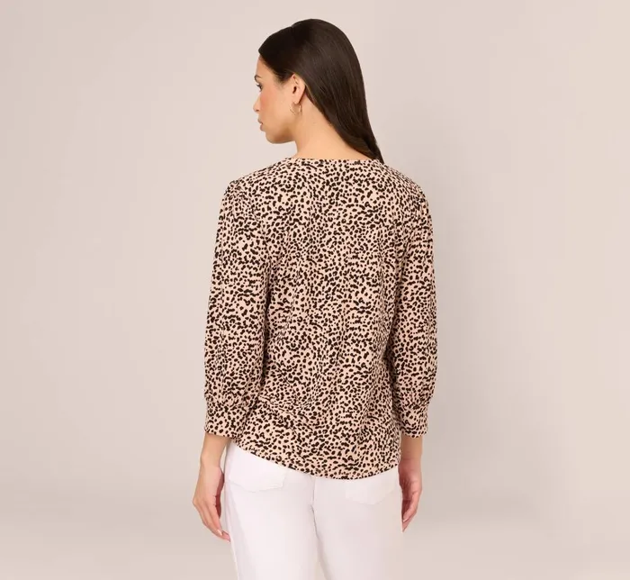 Adrianna Papell Tops and Blouses Printed V Neck Top With Cuffed Three Quarter Sleeves In Tan Shadow Leopard 8211 Women