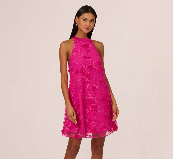 Adrianna Papell Wedding Guest Dresses 3d Floral Embroidered Trapeze Dress With Open Bow Back In Cosmo Pink 8211 Women Adrianna Papell Wedding Guest Dresses 3d Floral Embroidered Trapeze Dress With Open Bow Back In Cosmo Pink 8211 Women