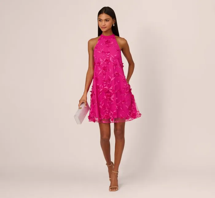 Adrianna Papell Wedding Guest Dresses 3d Floral Embroidered Trapeze Dress With Open Bow Back In Cosmo Pink 8211 Women