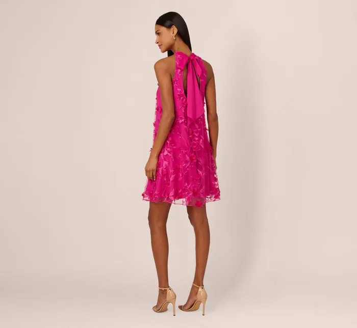 Adrianna Papell Wedding Guest Dresses 3d Floral Embroidered Trapeze Dress With Open Bow Back In Cosmo Pink 8211 Women