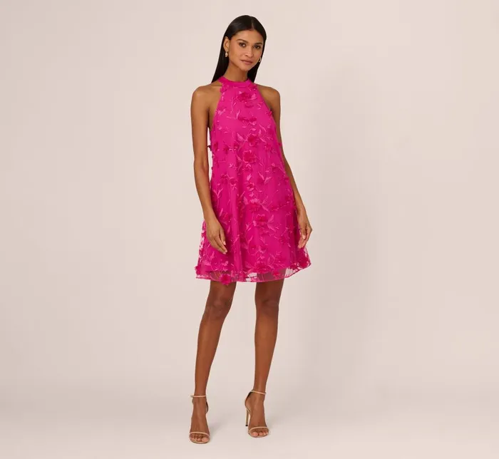 Adrianna Papell Wedding Guest Dresses 3d Floral Embroidered Trapeze Dress With Open Bow Back In Cosmo Pink 8211 Women