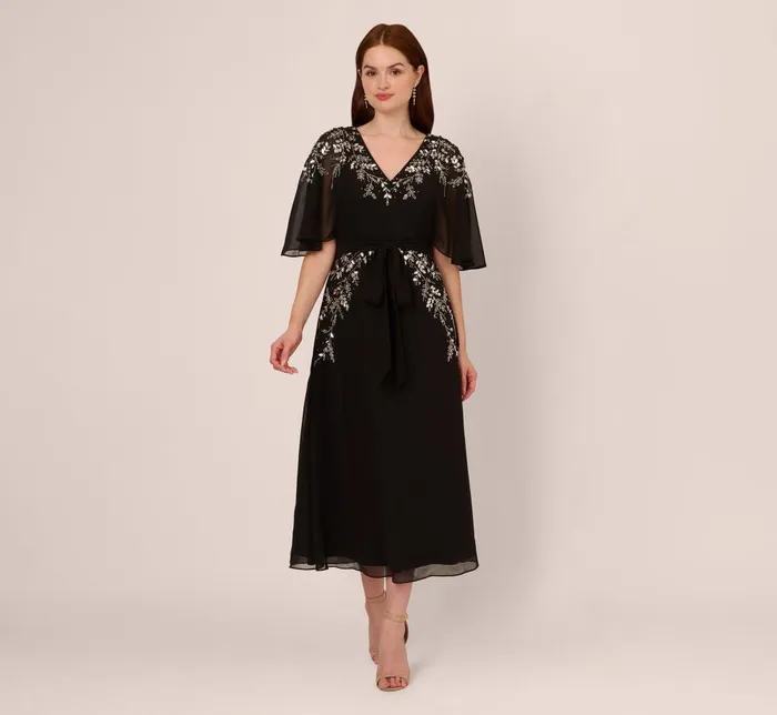 Adrianna Papell Wedding Guest Dresses Beaded Chiffon Ankle Length Gown With Dolman Sleeves In Black 8211 Women