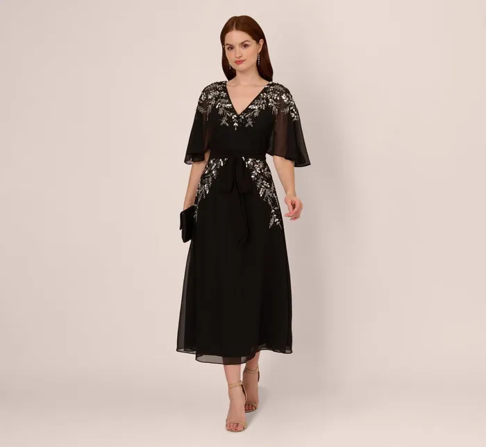 Adrianna Papell Wedding Guest Dresses Beaded Chiffon Ankle Length Gown With Dolman Sleeves In Black 8211 Women