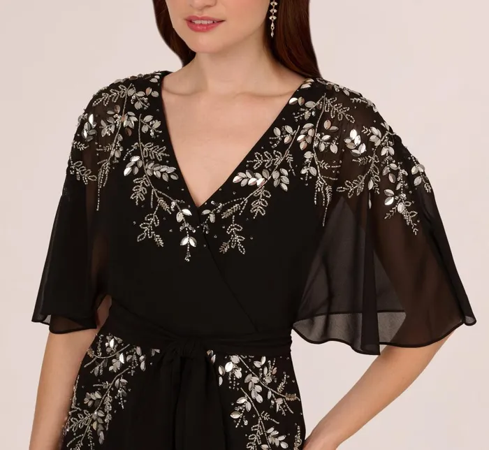 Adrianna Papell Wedding Guest Dresses Beaded Chiffon Ankle Length Gown With Dolman Sleeves In Black 8211 Women