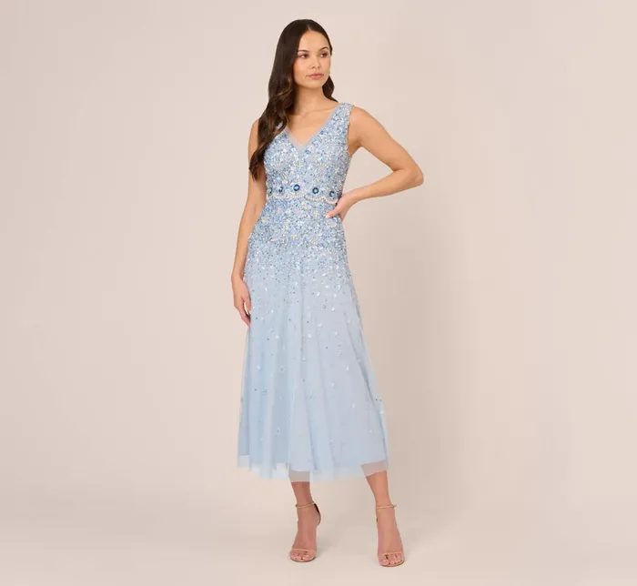 Adrianna Papell Wedding Guest Dresses Beaded Sleeveless Ankle Length Gown With V Back In Elegant Sky 8211 Women