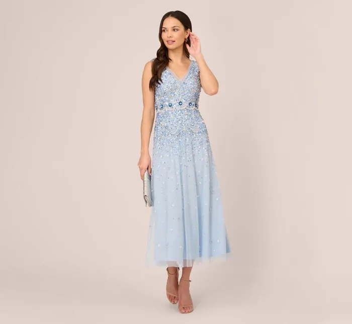 Adrianna Papell Wedding Guest Dresses Beaded Sleeveless Ankle Length Gown With V Back In Elegant Sky 8211 Women