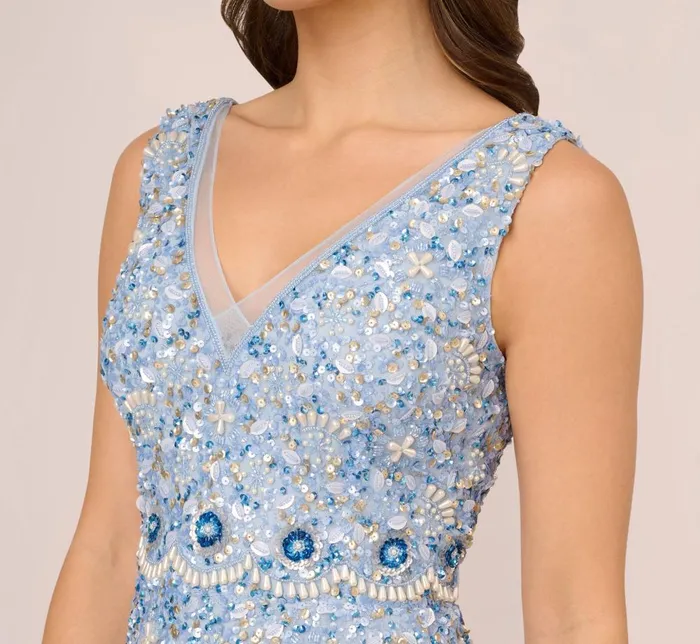 Adrianna Papell Wedding Guest Dresses Beaded Sleeveless Ankle Length Gown With V Back In Elegant Sky 8211 Women