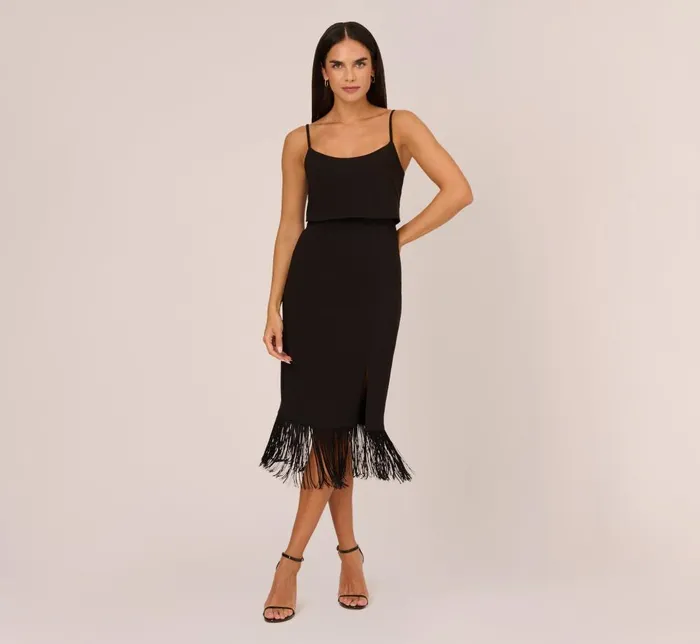 Adrianna Papell Wedding Guest Dresses Crepe Popover Midi Dress With Fringe Trim In Black 8211 Women Adrianna Papell Wedding Guest Dresses Crepe Popover Midi Dress With Fringe Trim In Black 8211 Women