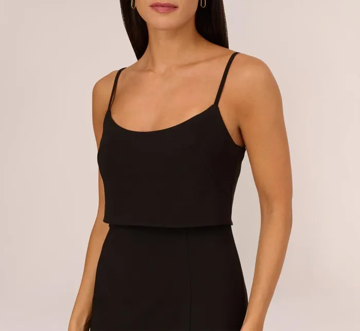 Adrianna Papell Wedding Guest Dresses Crepe Popover Midi Dress With Fringe Trim In Black 8211 Women