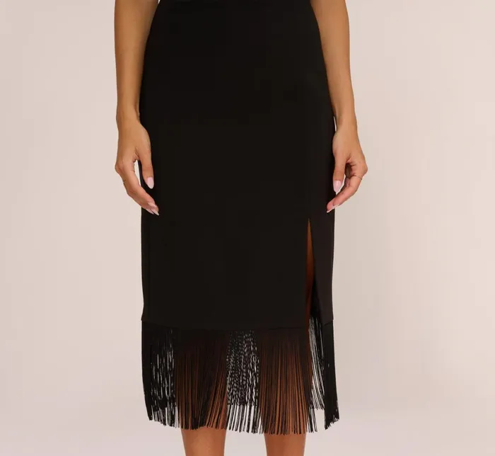 Adrianna Papell Wedding Guest Dresses Crepe Popover Midi Dress With Fringe Trim In Black 8211 Women