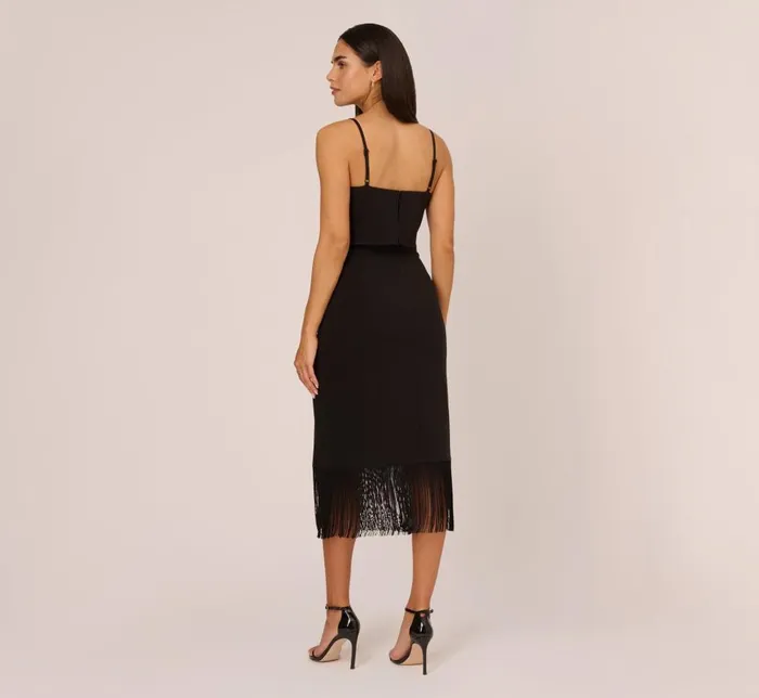 Adrianna Papell Wedding Guest Dresses Crepe Popover Midi Dress With Fringe Trim In Black 8211 Women