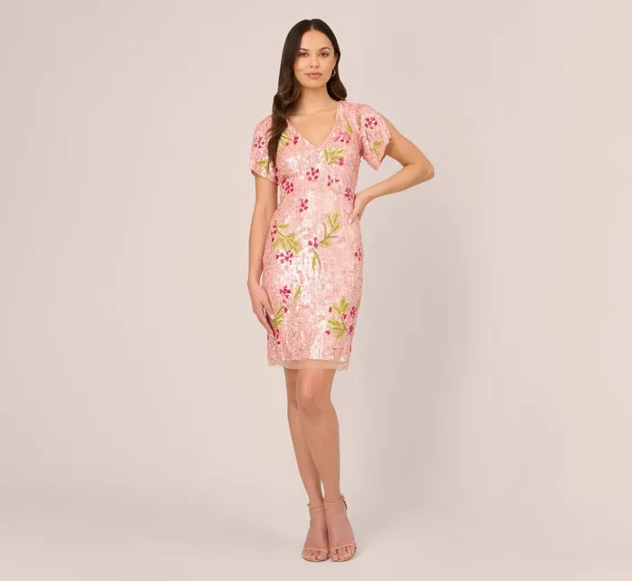 Adrianna Papell Wedding Guest Dresses Floral Sequin Beaded Dress With Split Flutter Sleeves In Blush Multi 8211 Women