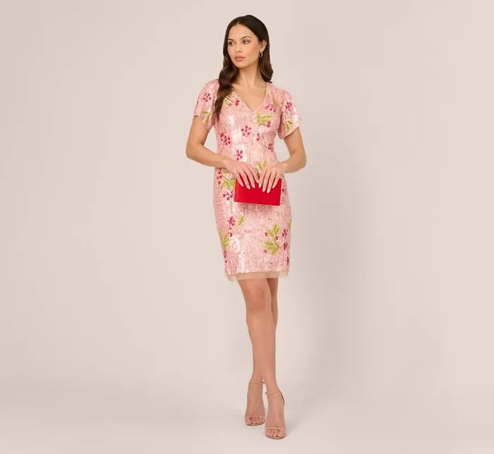Adrianna Papell Wedding Guest Dresses Floral Sequin Beaded Dress With Split Flutter Sleeves In Blush Multi 8211 Women