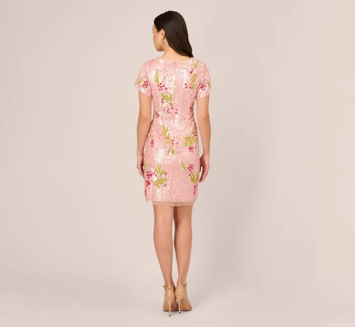 Adrianna Papell Wedding Guest Dresses Floral Sequin Beaded Dress With Split Flutter Sleeves In Blush Multi 8211 Women