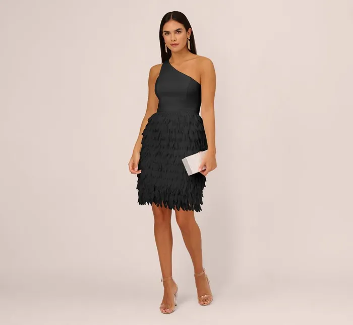 Adrianna Papell Wedding Guest Dresses One Shoulder Cocktail Dress With Feather Chiffon Skirt In Black 8211 Women