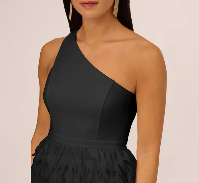 Adrianna Papell Wedding Guest Dresses One Shoulder Cocktail Dress With Feather Chiffon Skirt In Black 8211 Women