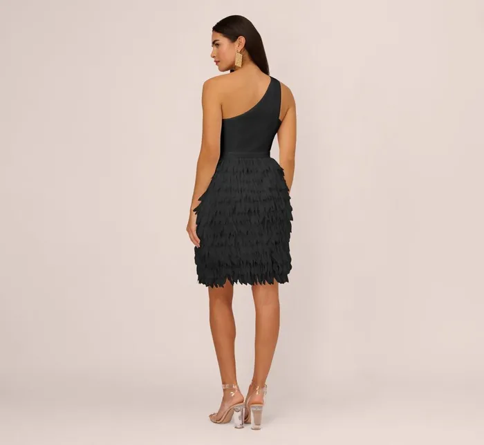 Adrianna Papell Wedding Guest Dresses One Shoulder Cocktail Dress With Feather Chiffon Skirt In Black 8211 Women