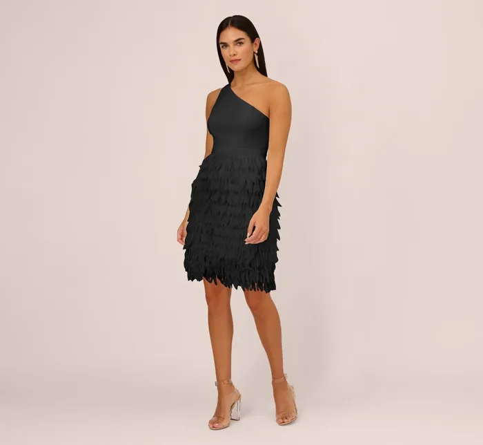 Adrianna Papell Wedding Guest Dresses One Shoulder Cocktail Dress With Feather Chiffon Skirt In Black 8211 Women