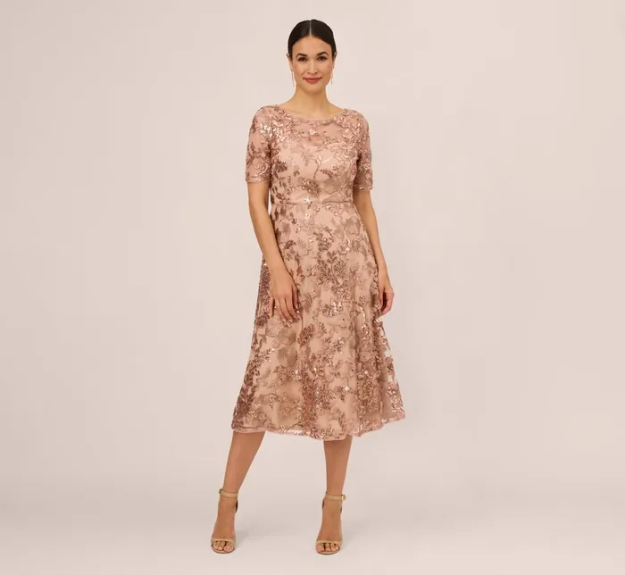 Adrianna Papell Wedding Guest Dresses Sequin Embroidered Midi Dress With Sheer Short Sleeves In Almondine 8211 Women Adrianna Papell Wedding Guest Dresses Sequin Embroidered Midi Dress With Sheer Short Sleeves In Almondine 8211 Women