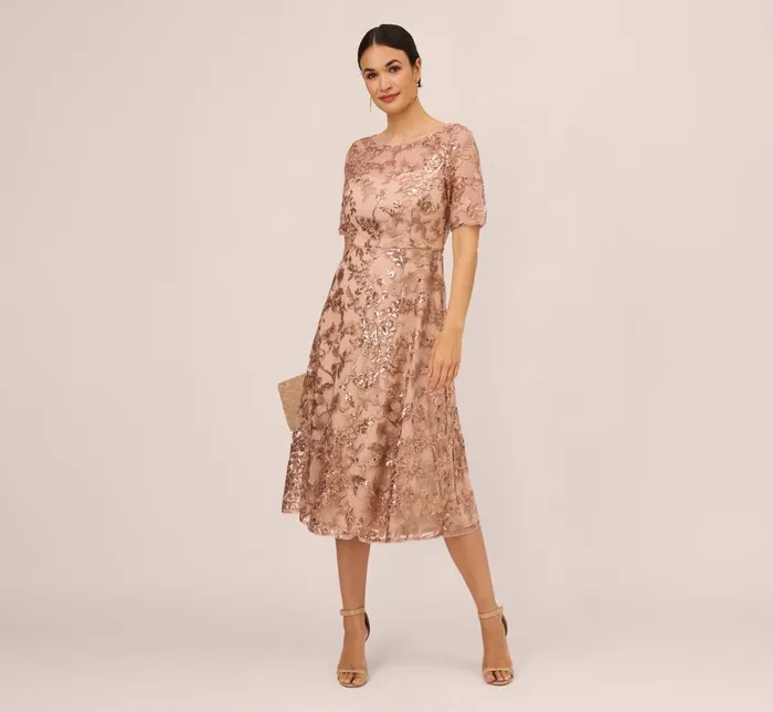 Adrianna Papell Wedding Guest Dresses Sequin Embroidered Midi Dress With Sheer Short Sleeves In Almondine 8211 Women