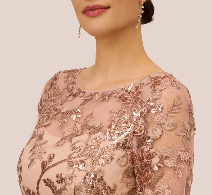 Adrianna Papell Wedding Guest Dresses Sequin Embroidered Midi Dress With Sheer Short Sleeves In Almondine 8211 Women