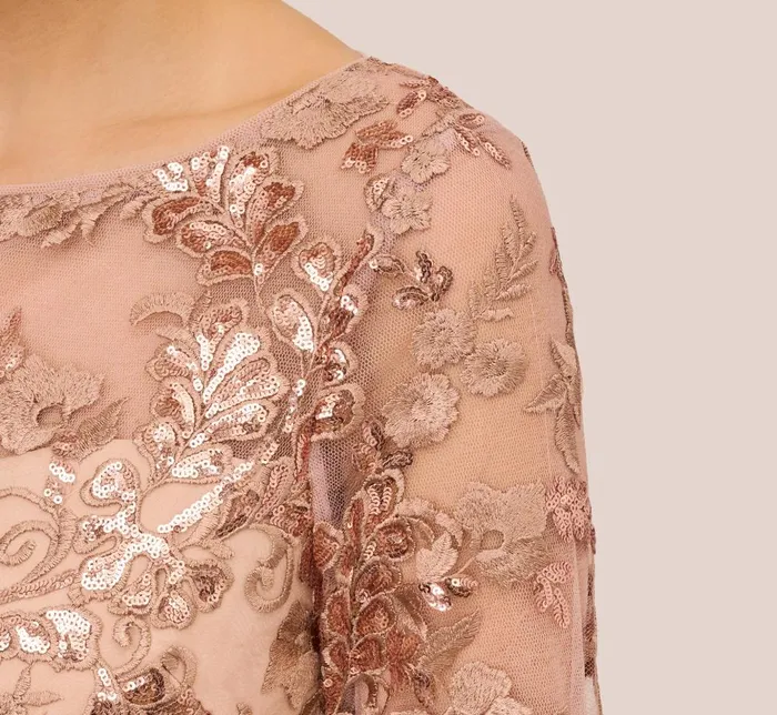 Adrianna Papell Wedding Guest Dresses Sequin Embroidered Midi Dress With Sheer Short Sleeves In Almondine 8211 Women