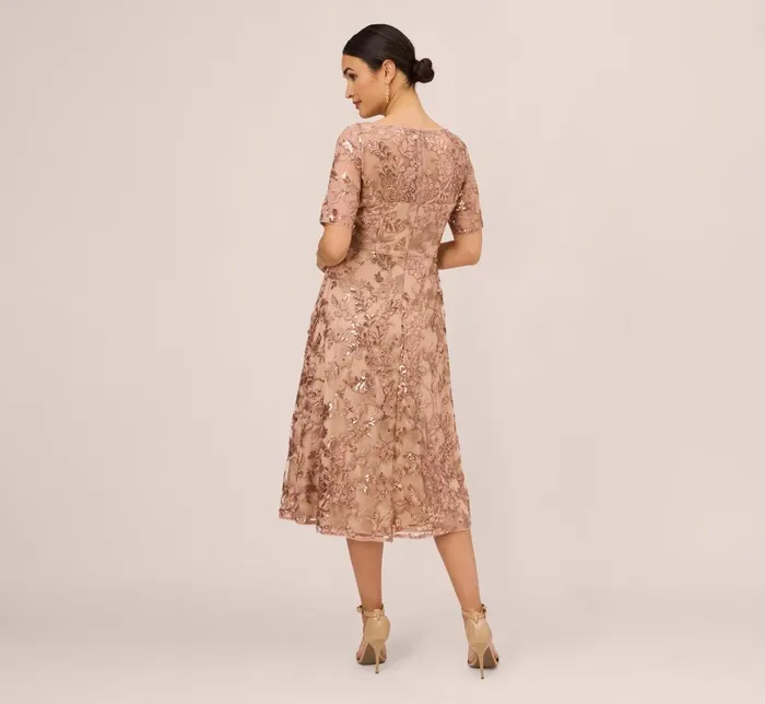 Adrianna Papell Wedding Guest Dresses Sequin Embroidered Midi Dress With Sheer Short Sleeves In Almondine 8211 Women
