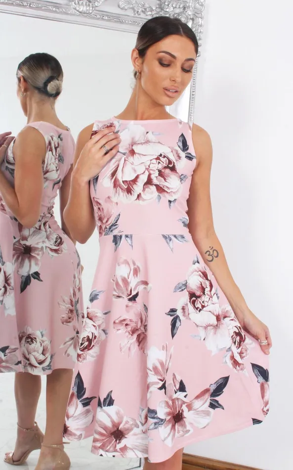 Amora Pink Floral Sleeveless Skater Dress Women Missfiga Skater Dresses