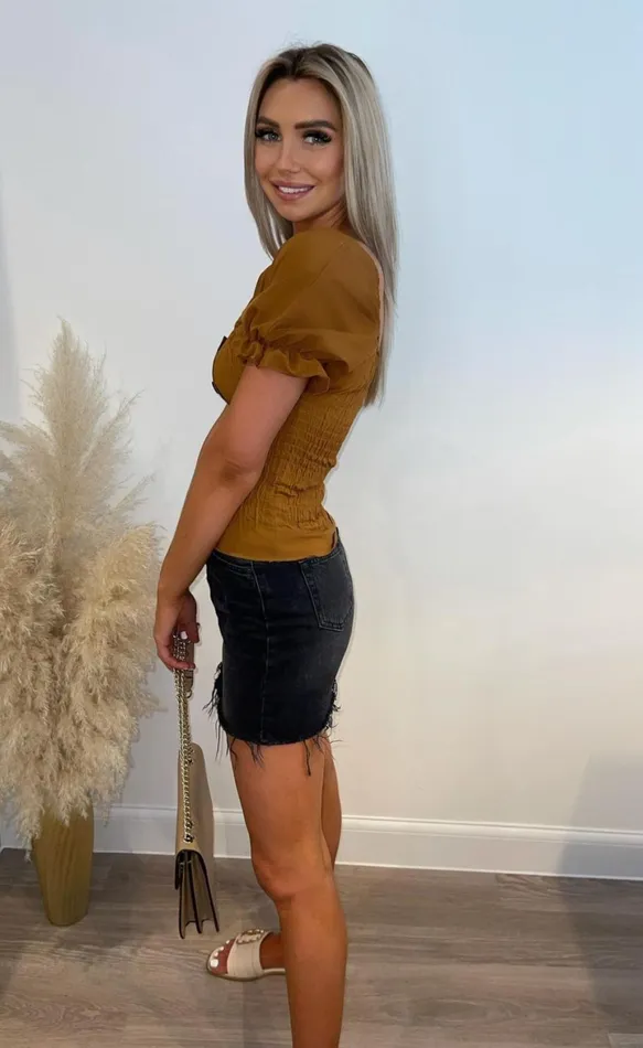 Aofie Tan Shirred Puff Sleeve Top Women Missfiga Tops Aofie Tan Shirred Puff Sleeve Top Women Missfiga Tops