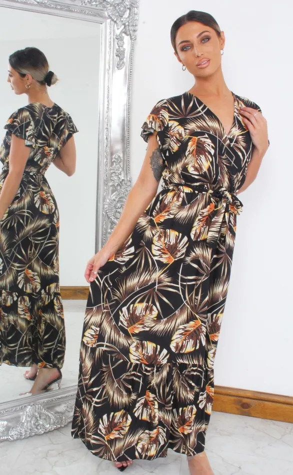 Arie Black Tropical Wrap Maxi Dress Women Missfiga Wrap Dresses