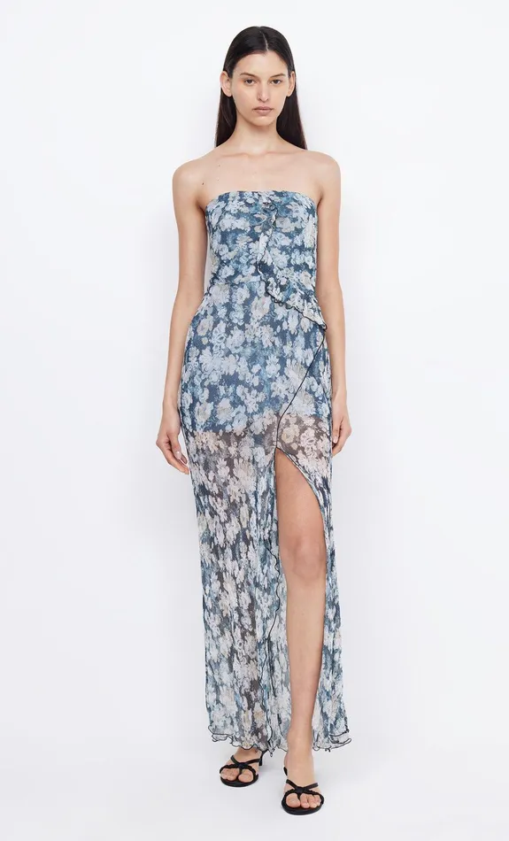 Bec Bridge Wedding Guest Women OPAL STRAPLESS MAXI DRESS 8211 DENIM FLORAL