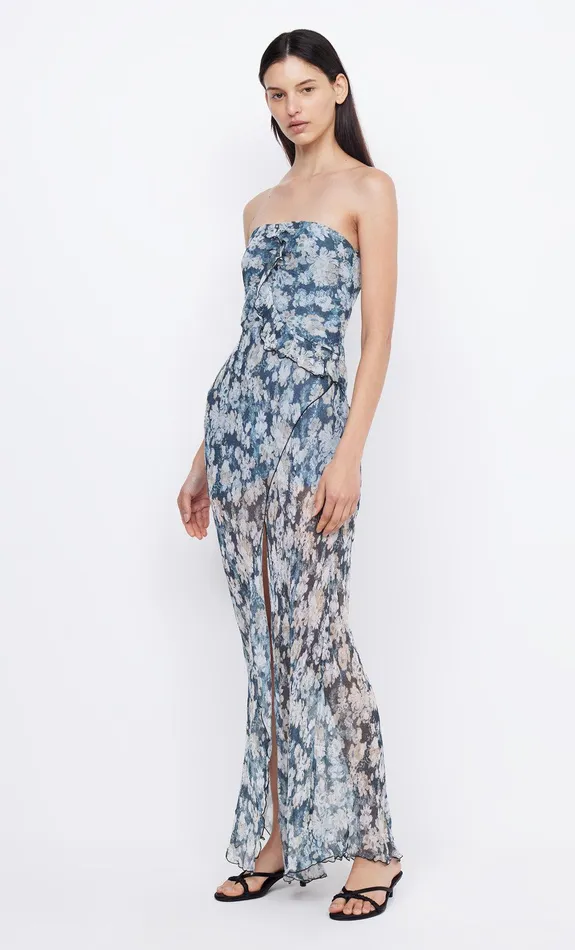 Bec Bridge Wedding Guest Women OPAL STRAPLESS MAXI DRESS 8211 DENIM FLORAL