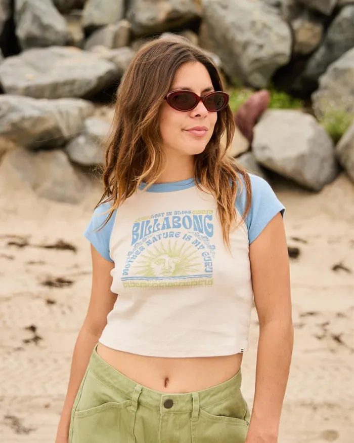 Billabong Graphic Tees and Tanks Blissed Cropped Raglan TShirt Blue Shadow 8211 Women