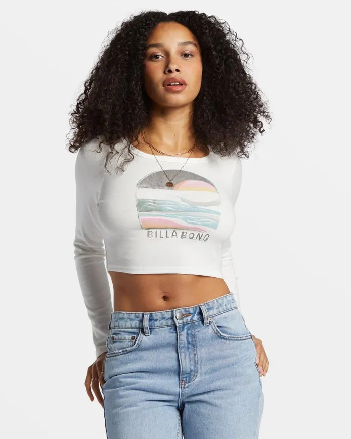 Billabong Graphic Tees and Tanks Find Your Coast Long Sleeve Cropped Tshirt Salt Crystal 8211 Women