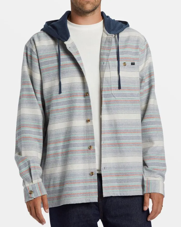 Billabong Wave Washed Essentials Baja Hooded Long Sleeve Flannel Shirt Slate Blue 8211 Men