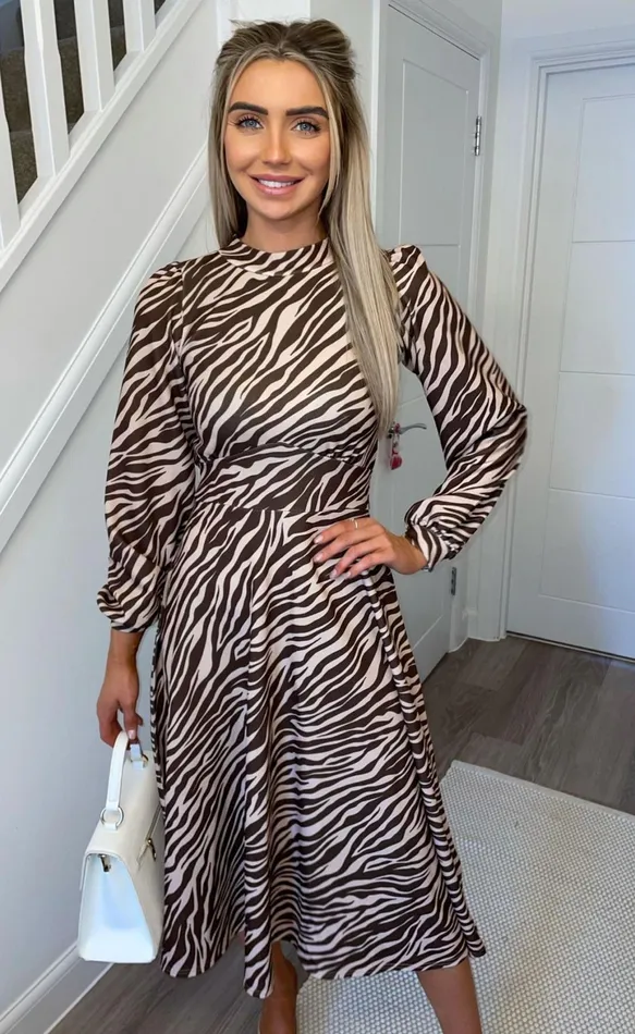 Brown Animal Print Julietta Long Sleeve Turtle Neck Skater Dress Women Missfiga Skater Dresses