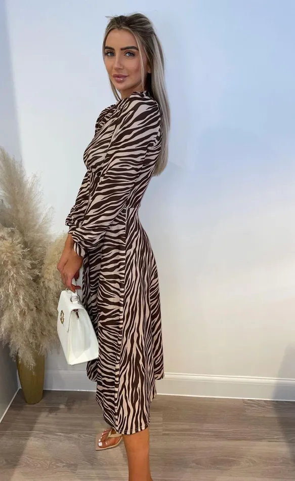 Brown Animal Print Julietta Long Sleeve Turtle Neck Skater Dress Women Missfiga Skater Dresses