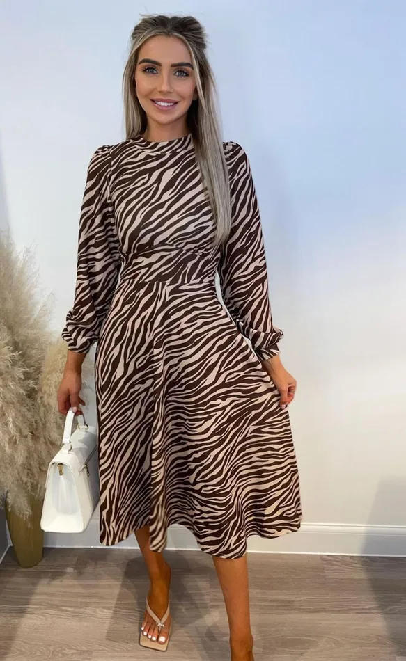 Brown Animal Print Julietta Long Sleeve Turtle Neck Skater Dress Women Missfiga Skater Dresses