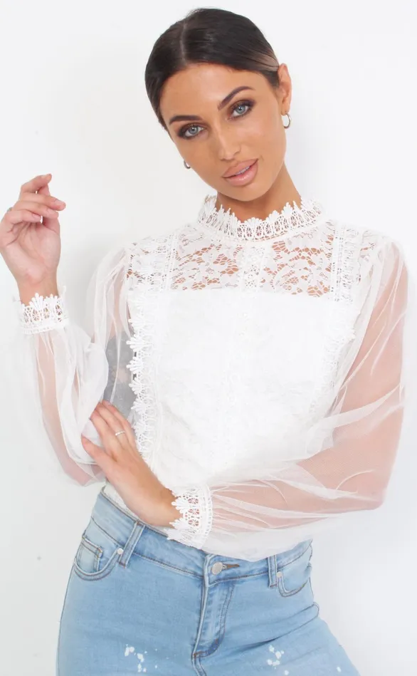 Caggie Ivory Crochet Lace Sheer Bodysuit Women Missfiga Bodysuits