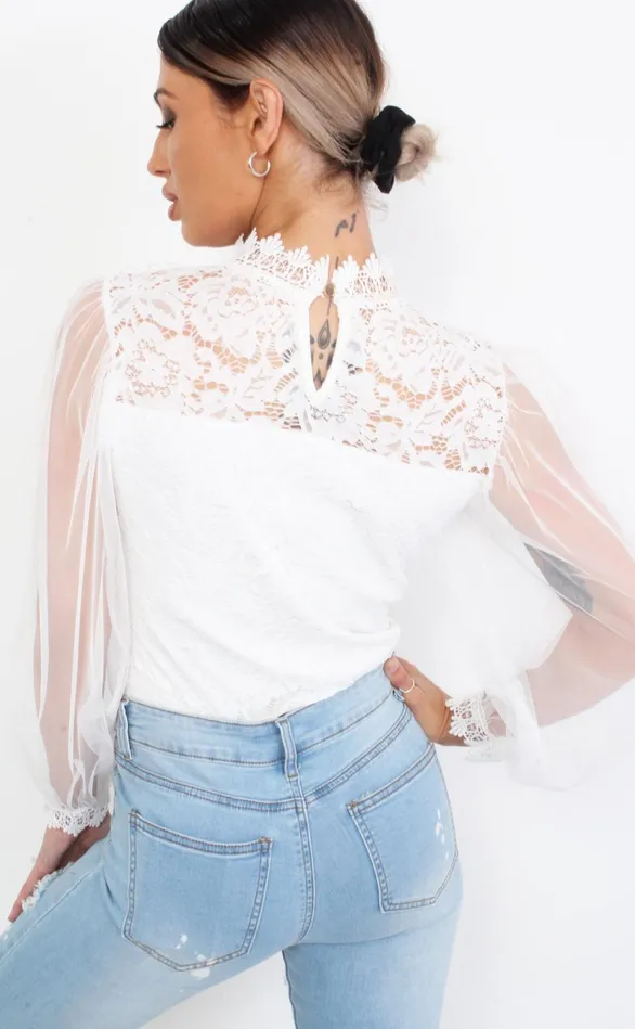 Caggie Ivory Crochet Lace Sheer Bodysuit Women Missfiga Bodysuits