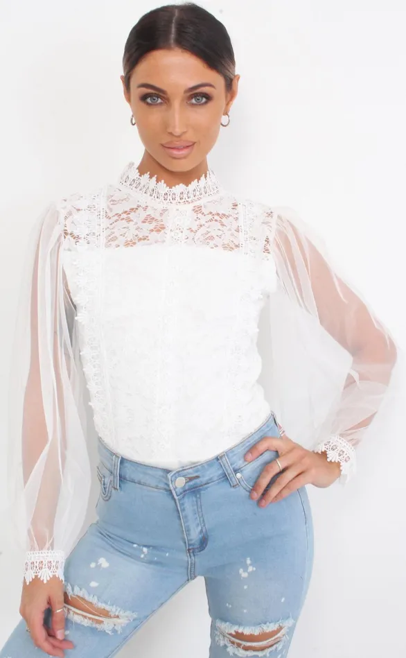 Caggie Ivory Crochet Lace Sheer Bodysuit Women Missfiga Bodysuits