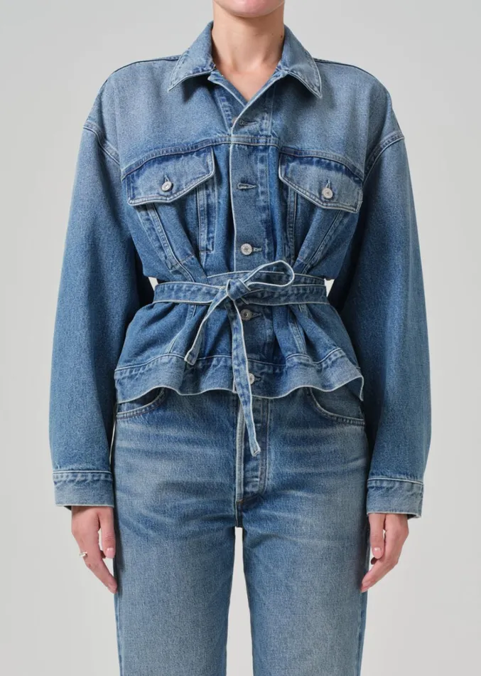 Citizens Of Humanity Leela Belted Denim Peplum Jacket In Cabazon Women Jackets and Coats