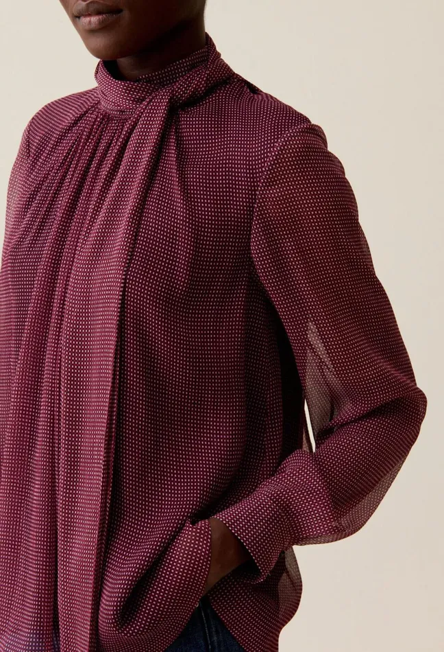 Claudie Pierlot Fluid Check TieNeck Blouse Pink Women Tops And Shirts