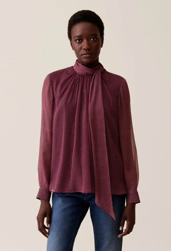 Claudie Pierlot Fluid Check TieNeck Blouse Pink Women Tops And Shirts Claudie Pierlot Fluid Check TieNeck Blouse Pink Women Tops And Shirts