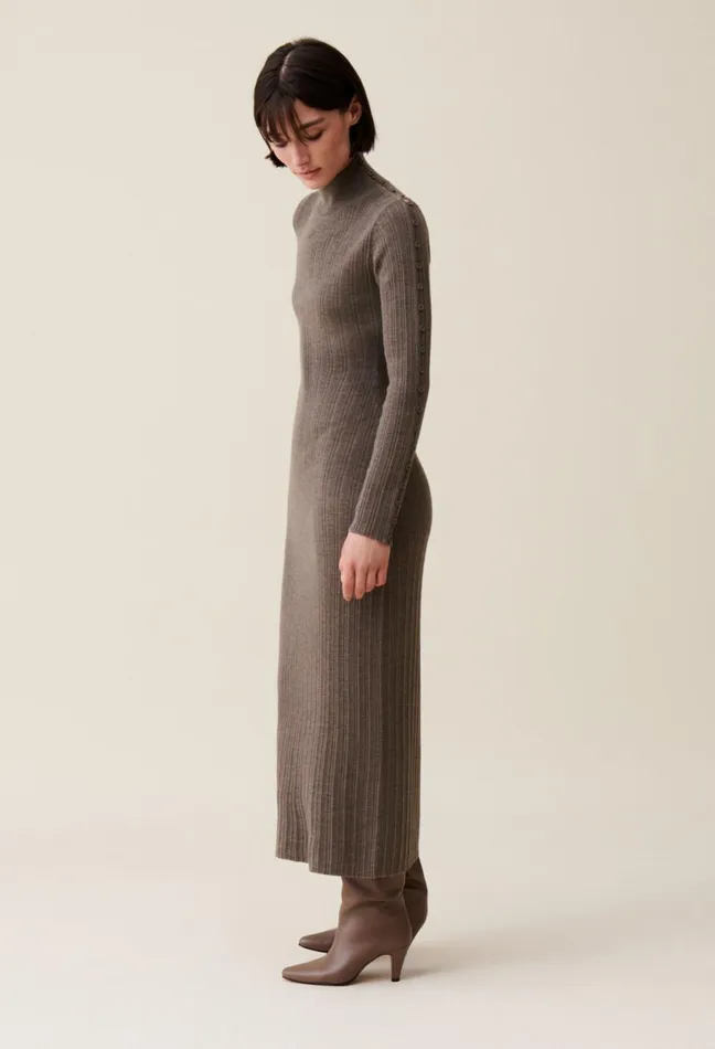 Claudie Pierlot High Neck Knit Dress Taupe Women Dresses