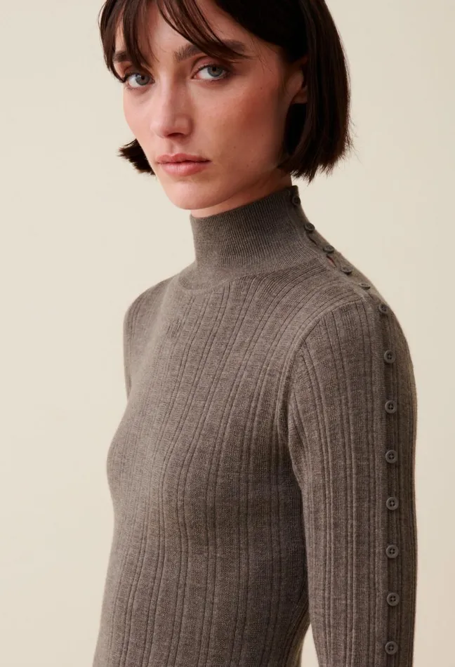 Claudie Pierlot High Neck Knit Dress Taupe Women Dresses Claudie Pierlot High Neck Knit Dress Taupe Women Dresses
