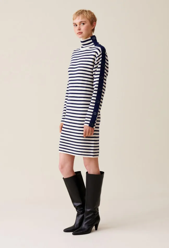 Claudie Pierlot HighNeck Knitted Sailor Dress Dualcolor Women Dresses Claudie Pierlot HighNeck Knitted Sailor Dress Dualcolor Women Dresses