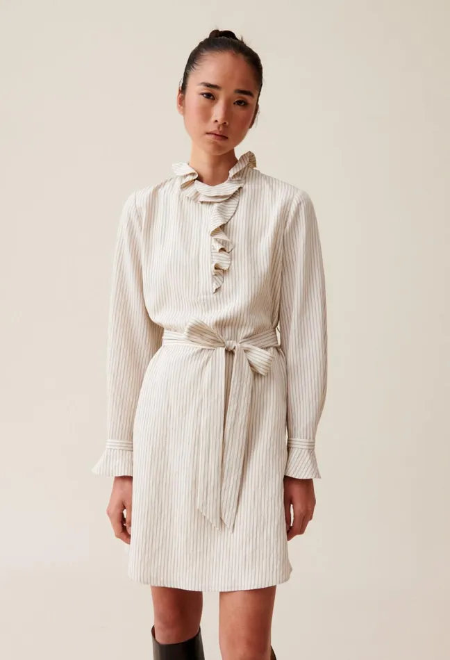 Claudie Pierlot Striped Dress With Ruffle Neck Beige Women Dresses Claudie Pierlot Striped Dress With Ruffle Neck Beige Women Dresses